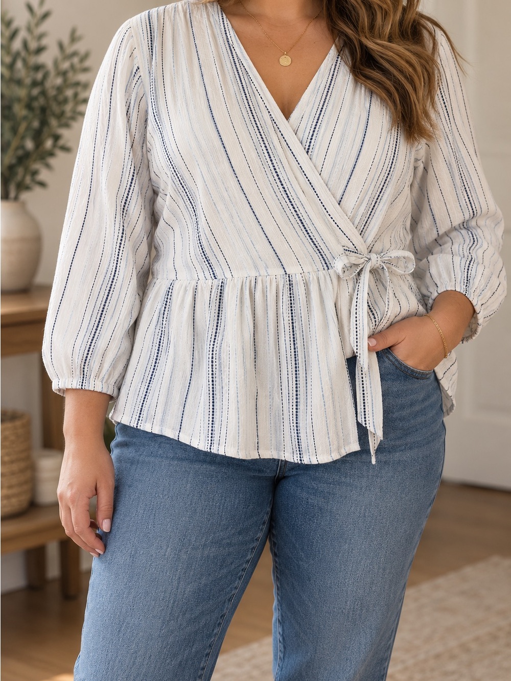Striped Wrap Peplum Blouse